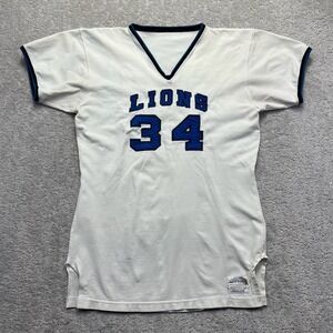 VINTAGE‎ Sand-Knit Lions 34 Football Jersey Mens Size 42 White Blue V-Neck 70s
